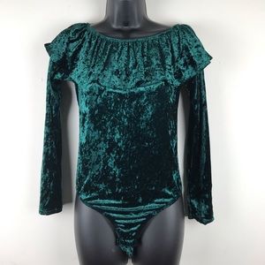 Beware Green Velvet Ruffle Bodysuit